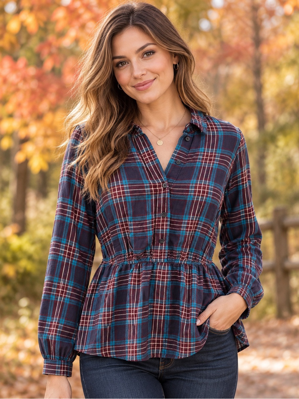 Lane Bryant Plaid Button-up Peplum Blouse